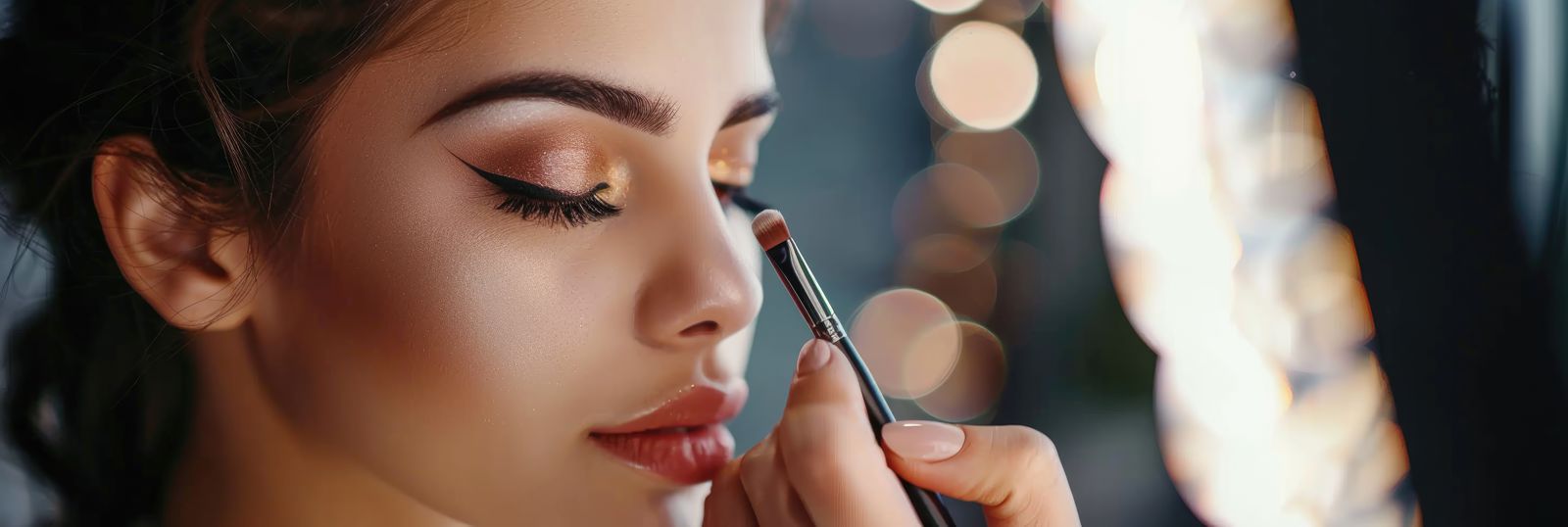 a makeup artist does makeup for a beautiful woman.