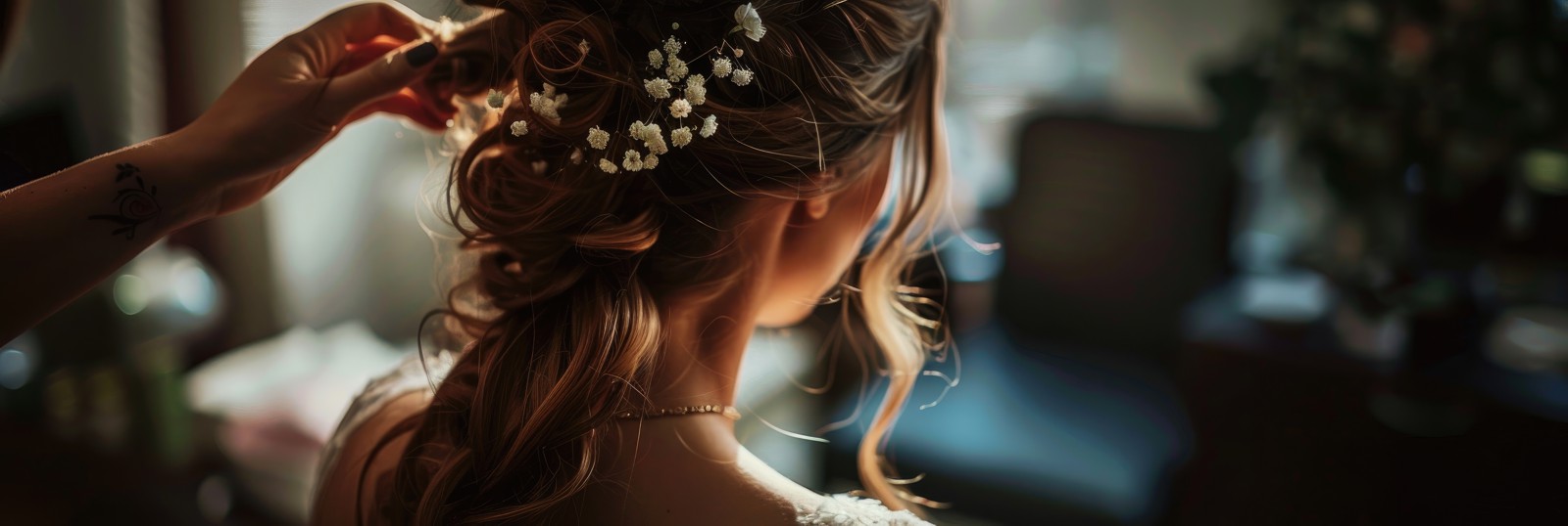 the hairdresser does the bride's hair.